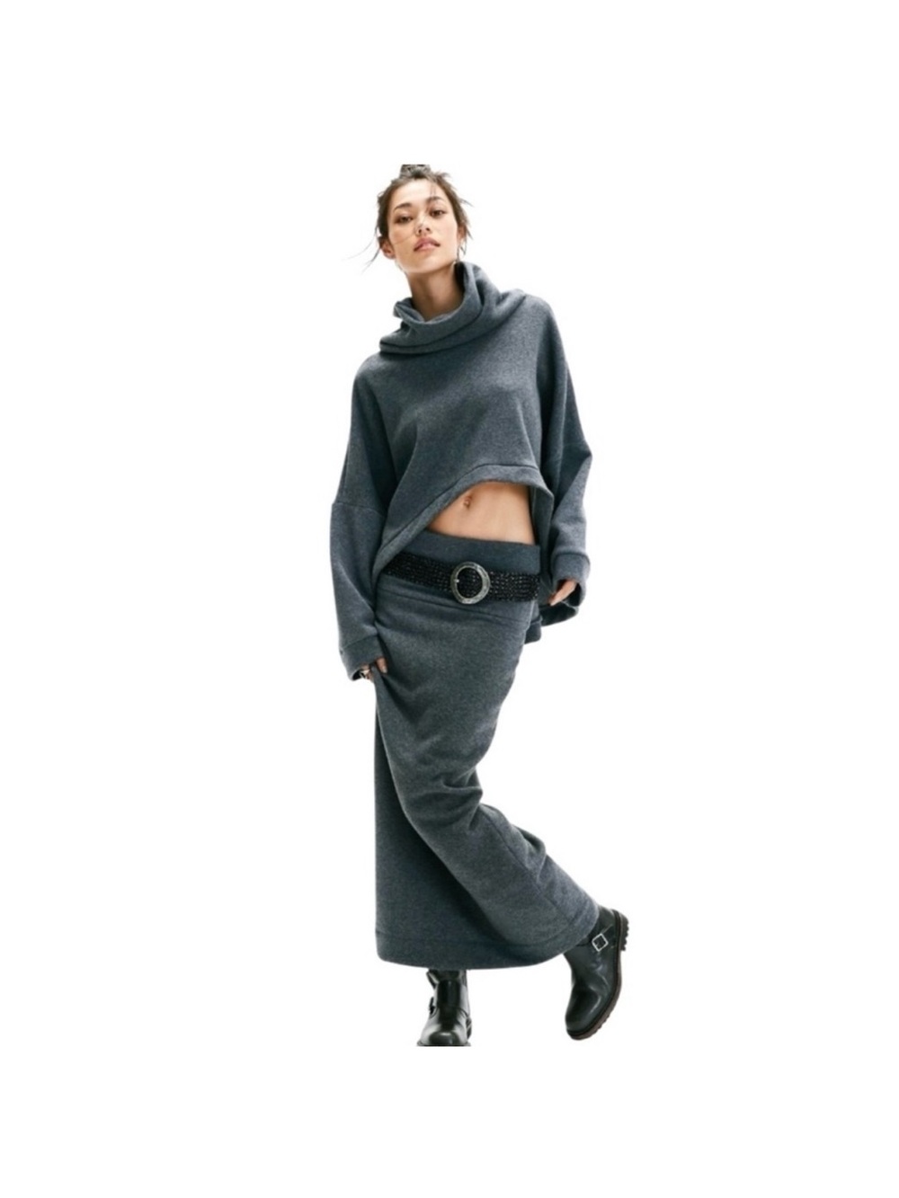 Free People Charcoal Gray Cowl Sweater & Maxi Skirt Set